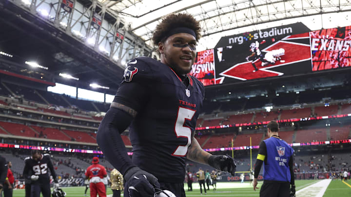 Dec 14, 2025; Houston, Texas, USA; Houston Texans safety Jalen Pitre (5) jogs off the field after the game against the Arizona Cardinals at NRG Stadium. Mandatory Credit: Troy Taormina-Imagn Images