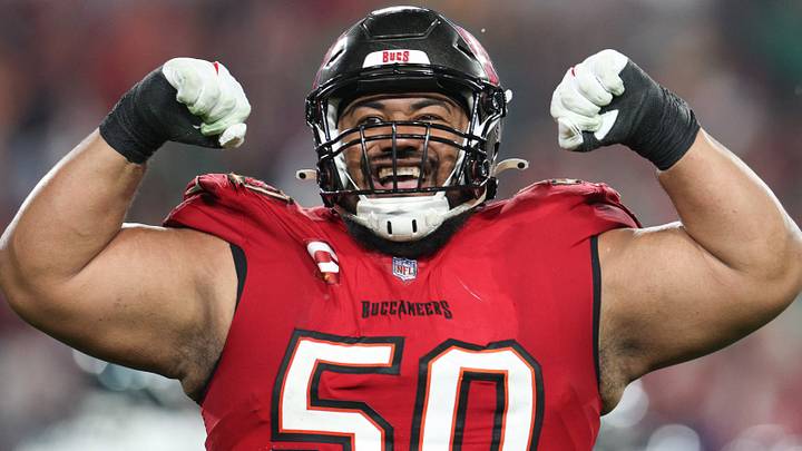Jan 15, 2024; Tampa, Florida, USA; Tampa Bay Buccaneers defensive tackle Vita Vea (50) reacts after a play against the Philadelphia Eagles during the second half of a 2024 NFC wild card game at Raymond James Stadium. Mandatory Credit: Nathan Ray Seebeck-USA TODAY Sports Jan 15, 2024; Tampa, Florida, USA; Tampa Bay Buccaneers defensive tackle Vita Vea (50) reacts after a play against the Philadelphia Eagles during the second half of a 2024 NFC wild card game at Raymond James Stadium. Mandatory Credit: Nathan Ray Seebeck-USA TODAY Sports
