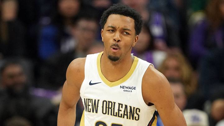 Apr 3, 2026; Sacramento, California, USA; New Orleans Pelicans forward Trey Murphy III (25) reacts after dunking against the Sacramento Kings during the third quarter at Golden 1 Center. Mandatory Credit: Darren Yamashita-Imagn Images