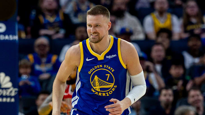 Mar 10, 2026; San Francisco, California, USA; Golden State Warriors center Kristaps Porzingis (7) celebrates during the third quarter against the Chicago Bulls at Chase Center. Mandatory Credit: Bob Kupbens-Imagn Images