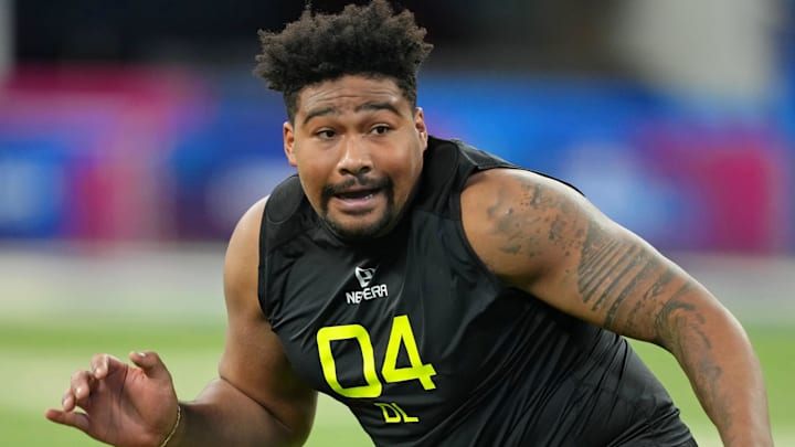 Feb 27, 2025; Indianapolis, IN, USA; Iowa defensive lineman Yahya Black (DL04) participates in drills during the 2025 NFL Combine at Lucas Oil Stadium. Mandatory Credit: Kirby Lee-Imagn Images