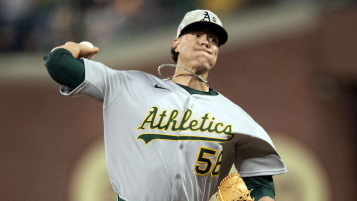 May 16, 2025; San Francisco, California, USA; Athletics pitcher Anthony Maldonado (56) delivers a pitch against the San Francisco Giants during the eighth inning at Oracle Park. Mandatory Credit: D. Ross Cameron-Imagn Images
