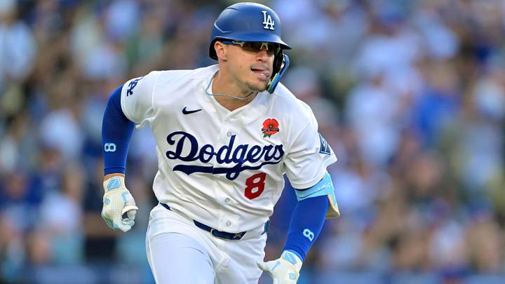 May 25, 2026; Los Angeles, California, USA; Los Angeles Dodgers second baseman Enrique Hernandez (8) hits an RBI double against the Colorado Rockies in the third inning at Dodger Stadium. Mandatory Credit: Jayne Kamin-Oncea-Imagn Images