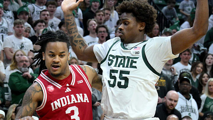 Jan 13, 2026; East Lansing, Michigan, USA;  Indiana Hoosiers guard Lamar Wilkerson (3) moves the ball to the basket past Michigan State Spartans forward Coen Carr (55) during the first half at Jack Breslin Student Events Center.
