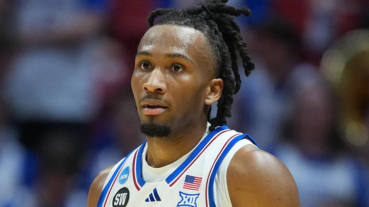 Mar 20, 2026; San Diego, CA, USA; Kansas Jayhawks guard Darryn Peterson (22) looks on in the first half against the California Baptist Lancers during a first round game of the men's 2026 NCAA Tournament at Viejas Arena. Mandatory Credit: Kirby Lee-Imagn Images