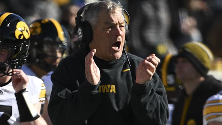 Nov 23, 2024; College Park, Maryland, USA;  Iowa Hawkeyes head coach Kirk Ferentz reacts during the first half against the Maryland Terrapins at SECU Stadium. Mandatory Credit: Tommy Gilligan-Imagn Images