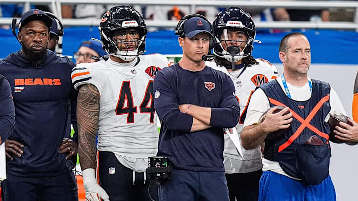 Chicago Bears head coach Ben Johnson watches a play against Detroit Lions during the second half at Ford Field in Detroit on Sunday, Sept. 14, 2025.
