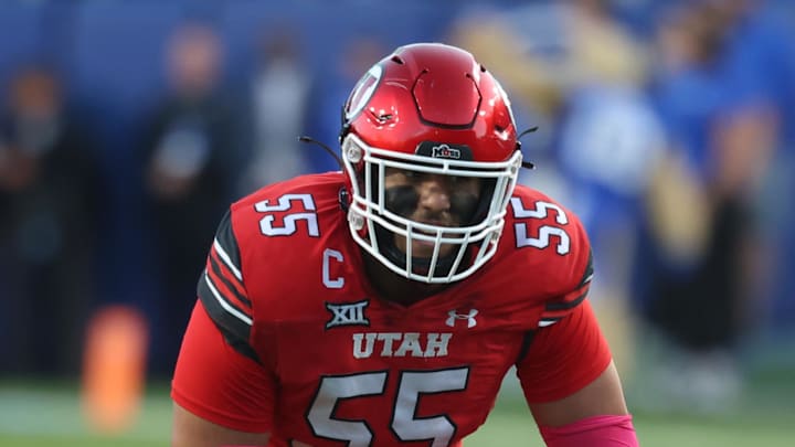 Oct 18, 2025; Provo, Utah, USA; Utah Utes offensive lineman Spencer Fano (55) waits for the play against the BYU Cougars during the first half at LaVell Edwards Stadium. Mandatory Credit: Rob Gray-Imagn Images