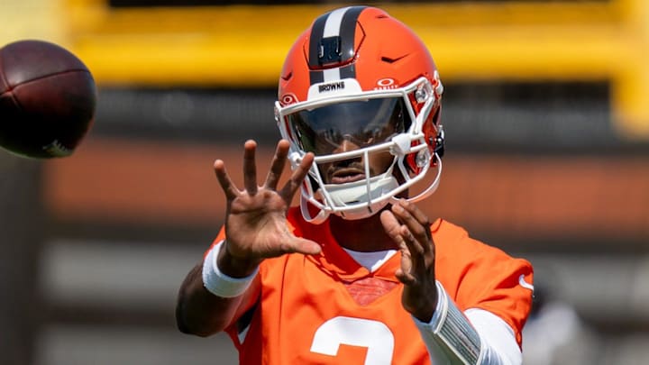 Shedeur Sanders receives a pass at the Browns mini camp in Berea on April 21, 2026.