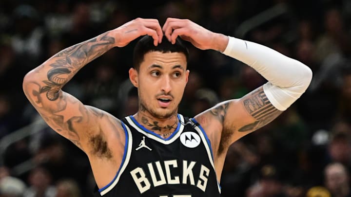Milwaukee Bucks forward Kyle Kuzma reacts in the third quarter against the Indiana Pacers during game four of the first round of the 2024 NBA Playoffs at Fiserv Forum on April 27. Milwaukee Bucks forward Kyle Kuzma reacts in the third quarter against the Indiana Pacers during game four of the first round of the 2024 NBA Playoffs at Fiserv Forum on April 27.