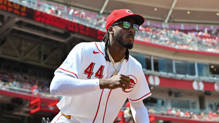 Elly de la Cruz (44) takes the field before the game against the Los Angeles Angels at Great American Ball Park.