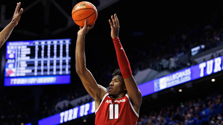 ; Arkansas Razorbacks forward Karter Knox (11) shoots the ball during the first half against the Kentucky Wildcats at Rupp Arena at Central Bank Center.