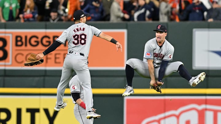 Oct 10, 2024; Detroit, Michigan, USA; Cleveland Guardians outfielder Steven Kwan (38) and outfielder Will Brennan (17)  celebrate after defeating the Detroit Tigers during game four of the ALDS for the 2024 MLB Playoffs at Comerica Park. Mandatory Credit: Lon Horwedel-Imagn Images