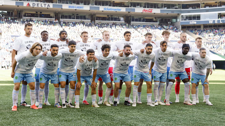 Jun 1, 2025; Seattle, Washington, USA; Seattle Sounders FC players pose for a photo while wearing t-shirts to protest FIFA Club World Cup bonus sharing from MLS before a game against the Minnesota United at Lumen Field. Mandatory Credit: Joe Nicholson-Imagn Images