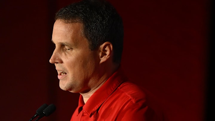 Oct 8, 2025; Charlotte, NC, USA; NC State head coach Will Wade answers questions from the media at The Hilton Charlotte Uptown. Mandatory Credit: William Howard-Imagn Images