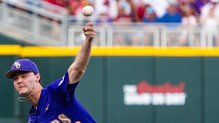 LSU Tigers starting pitcher Kade Anderson (32) pitches against the Arkansas Razorbacks during the seventh inning at Charles Schwab Field on June 14. LSU Tigers starting pitcher Kade Anderson (32) pitches against the Arkansas Razorbacks during the seventh inning at Charles Schwab Field on June 14.