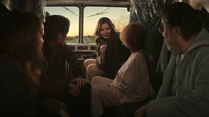 The Boroughs. (L to R) Jena Malone as Claire Cooper, Carlos Miranda as Paz Navarro, Geena Davis as Renee, Alfre Woodard as Judy, Alfred Molina as Sam in The Boroughs. Cr. Courtesy of Netflix © 2026
