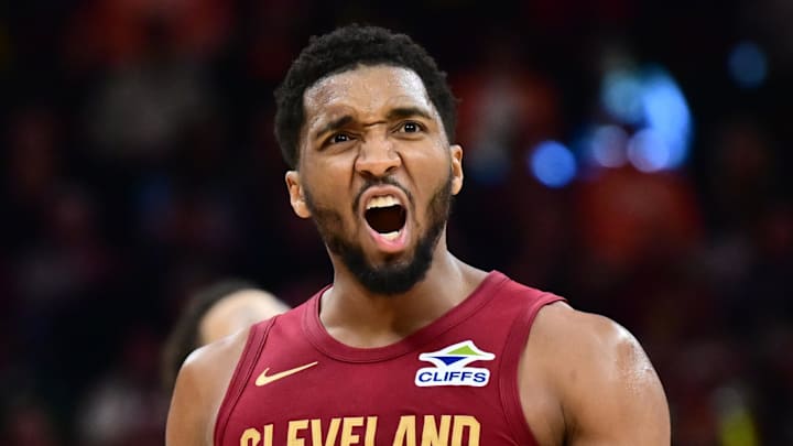 Cleveland Cavaliers guard Donovan Mitchell (45) reacts after a play during the second half against the Indiana Pacers at Rocket Arena on April 5, 2026.