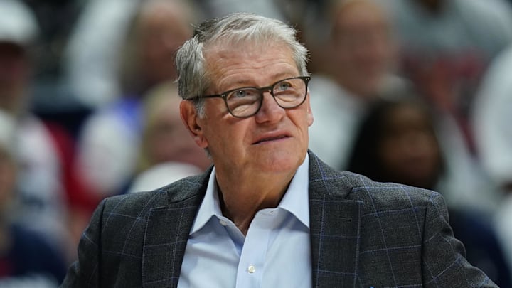 Mar 22, 2025; Storrs, Connecticut, USA; UConn Huskies head coach Geno Auriemma watches from the sideline as they take on the Arkansas State Red Wolves at Harry A. Gampel Pavilion. Mandatory Credit: David Butler II-Imagn Images Mar 22, 2025; Storrs, Connecticut, USA; UConn Huskies head coach Geno Auriemma watches from the sideline as they take on the Arkansas State Red Wolves at Harry A. Gampel Pavilion. Mandatory Credit: David Butler II-Imagn Images