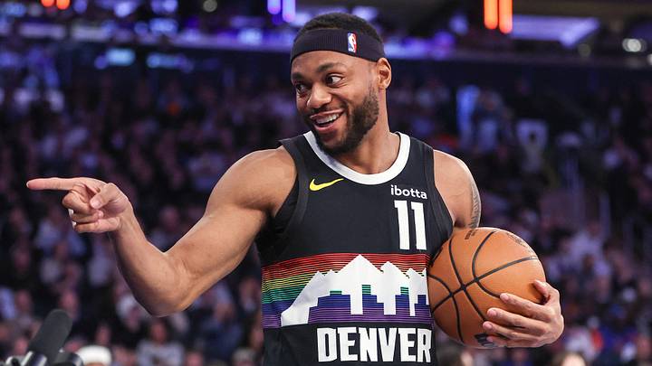 Feb 4, 2026; New York, New York, USA; Denver Nuggets guard Bruce Brown (11) points to a fan after making a jump shot at the buzzer to end the first quarter against the New York Knicks at Madison Square Garden. Mandatory Credit: Wendell Cruz-Imagn Images Feb 4, 2026; New York, New York, USA; Denver Nuggets guard Bruce Brown (11) points to a fan after making a jump shot at the buzzer to end the first quarter against the New York Knicks at Madison Square Garden. Mandatory Credit: Wendell Cruz-Imagn Images