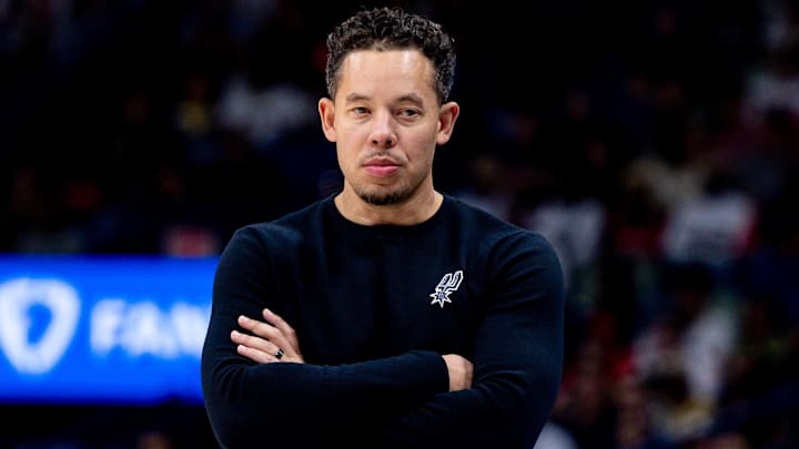 Oct 24, 2025; New Orleans, Louisiana, USA; San Antonio Spurs Head Coach Mitch Johnson looks on against the New Orleans Pelicans during the first half at Smoothie King Center. Mandatory Credit: Stephen Lew-Imagn Images Oct 24, 2025; New Orleans, Louisiana, USA; San Antonio Spurs Head Coach Mitch Johnson looks on against the New Orleans Pelicans during the first half at Smoothie King Center. Mandatory Credit: Stephen Lew-Imagn Images