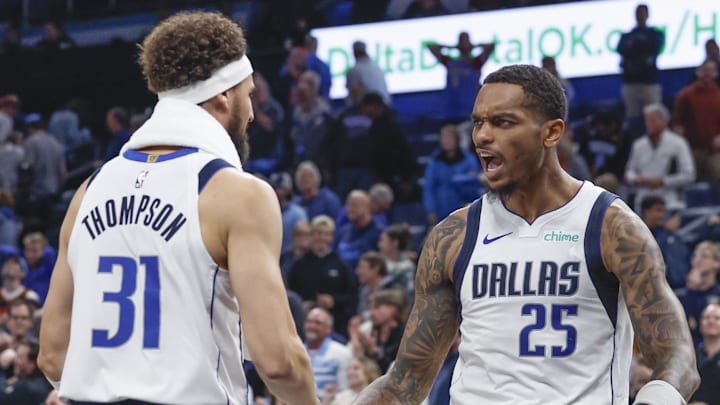 Nov 17, 2024; Oklahoma City, Oklahoma, USA; Dallas Mavericks forward P.J. Washington (25) and Dallas Mavericks guard Klay Thompson (31) celebrate after defeating the Oklahoma City Thunder at Paycom Center. Mandatory Credit: Alonzo Adams-Imagn Images Nov 17, 2024; Oklahoma City, Oklahoma, USA; Dallas Mavericks forward P.J. Washington (25) and Dallas Mavericks guard Klay Thompson (31) celebrate after defeating the Oklahoma City Thunder at Paycom Center. Mandatory Credit: Alonzo Adams-Imagn Images