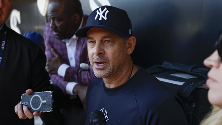 Aug 31, 2025; Chicago, Illinois, USA; New York Yankees manager Aaron Boone speaks before a baseball game against the Chicago White Sox at Rate Field. Mandatory Credit: Kamil Krzaczynski-Imagn Images