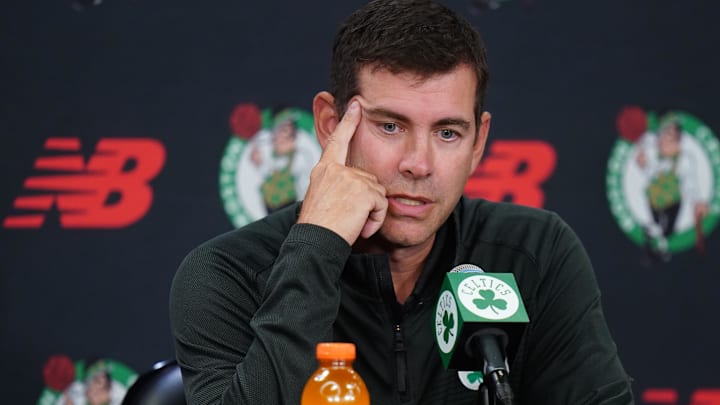 Sep 29, 2025; Boston, MA, USA; Boston Celtics president of basketball operations Brad Stevens talks to reporters during media day at the Auerbach Center. Mandatory Credit: David Butler II-Imagn Images
