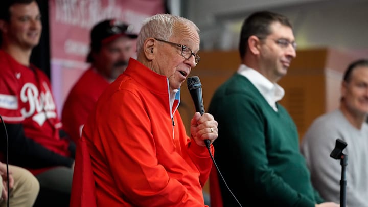 Retired Reds broadcaster Marty Brennaman answers questions from the audience during a Reds on Radio affiliates luncheon at Great American Ballpark in downtown Cincinnati on Wednesday, Jan. 24, 2024.