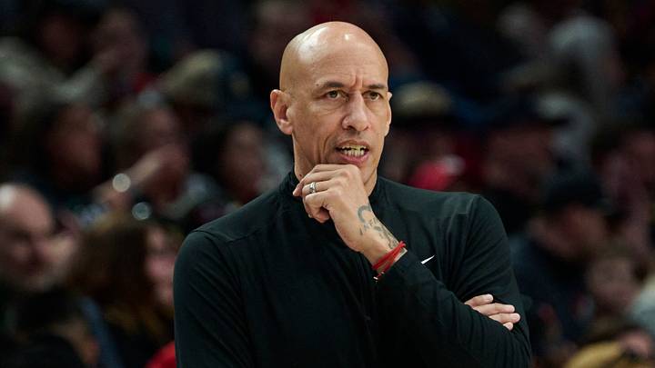 Apr 12, 2026; Portland, Oregon, USA; Sacramento Kings head coach Doug Christie watches the game from court side during the second half in a game against the Portland Trail Blazers at Moda Center. Mandatory Credit: Troy Wayrynen-Imagn Images