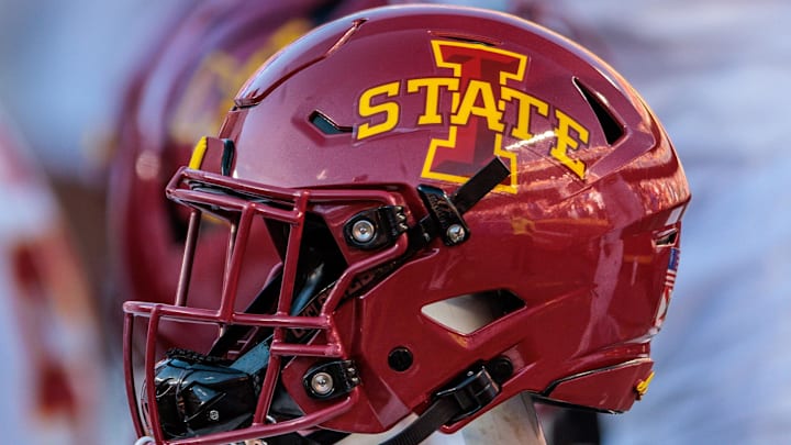 Nov 9, 2024; Kansas City, Missouri, USA; Iowa State Cyclones helmets on the bench during the first quarter against the Kansas Jayhawks at GEHA Field at Arrowhead Stadium. 