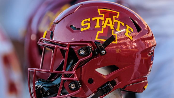 Nov 9, 2024; Kansas City, Missouri, USA; Iowa State Cyclones helmets on the bench during the first quarter against the Kansas Jayhawks at GEHA Field at Arrowhead Stadium. 