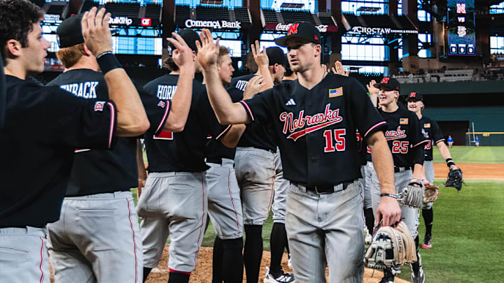 Nebraska players celebrate after beating No. 16 Florida State during the Amegy Bank Baseball Series in Arlington.