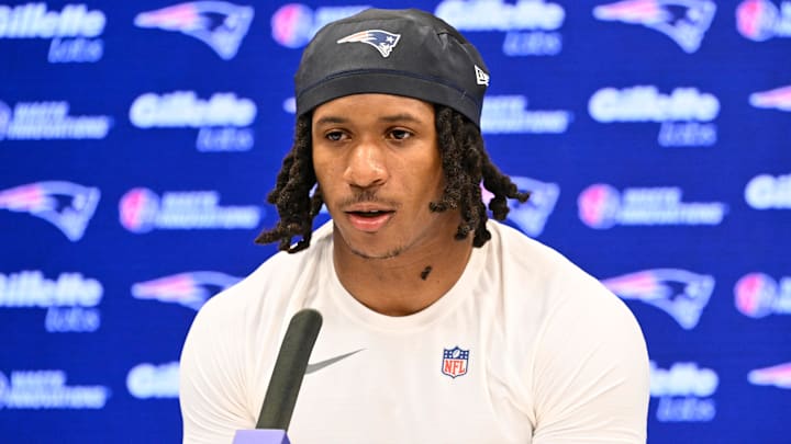 May 9, 2025; Foxborough, MA, USA; New England Patriots wide receiver Kyle Williams (18) speaks to the media after rookie camp at Gillette Stadium. Mandatory Credit: Eric Canha-Imagn Images May 9, 2025; Foxborough, MA, USA; New England Patriots wide receiver Kyle Williams (18) speaks to the media after rookie camp at Gillette Stadium. Mandatory Credit: Eric Canha-Imagn Images