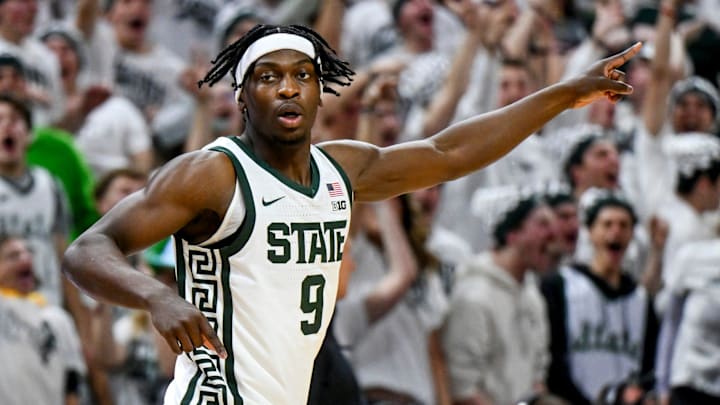 Michigan State's Trey Fort celebrates after making a 3-pointer against Arkansas during the second half on Saturday, Nov. 8, 2025, at the Breslin Center in East Lansing.