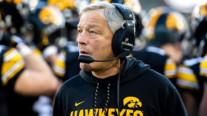 Iowa head coach Kirk Ferentz looks on during a NCAA Big Ten Conference football game against Nebraska, Friday, Nov. 25, 2022, at Kinnick Stadium in Iowa City, Iowa.