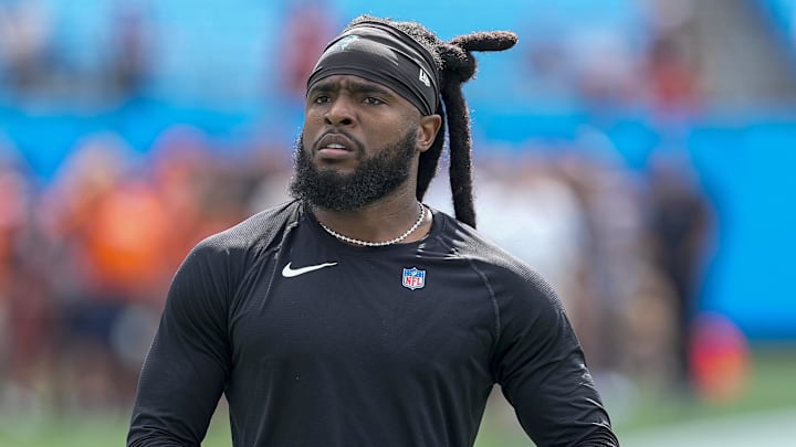 Sep 29, 2024; Charlotte, North Carolina, USA; Carolina Panthers wide receiver Diontae Johnson (5) during pregame warm ups against the Cincinnati Bengals at Bank of America Stadium. Mandatory Credit: Jim Dedmon-Imagn Images