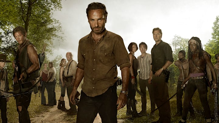 (L to R) Daryl Dixon (Norman Reedus); Carol (Melissa Suzanne McBride); T-Dog (Robert 'IronE' Singleton); Beth Greene (Emily Kinney); Hershel Greene (Scott Wilson); Rick Grimes (Andrew Lincoln); Maggie Greene (Lauren Cohan); Glenn (Steven Yeun); The Governor (David Morrissey); Michonne (Danai Gurira) - The Walking Dead - Season 3, Gallery 