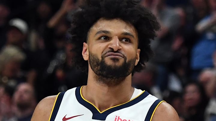 Apr 18, 2026; Denver, Colorado, USA; Denver Nuggets guard Jamal Murray (27) reacts after a basket during the second half against the Minnesota Timberwolves in game one of the first round of the 2026 NBA Playoffs at Ball Arena. Mandatory Credit: Christopher Hanewinckel-Imagn Images