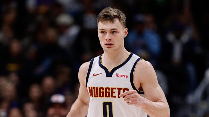 Feb 10, 2025; Denver, Colorado, USA; Denver Nuggets guard Christian Braun (0) after a play in the first quarter against the Portland Trail Blazers at Ball Arena. Mandatory Credit: Isaiah J. Downing-Imagn Images