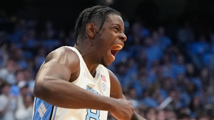 Jan 21, 2026; Chapel Hill, North Carolina, USA; North Carolina Tar Heels forward Caleb Wilson (8) reacts in the second half at Dean E. Smith Center. Mandatory Credit: Bob Donnan-Imagn Images