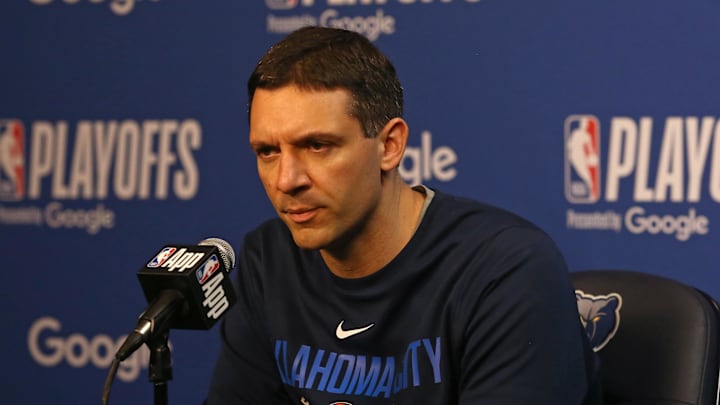 Apr 24, 2025; Memphis, Tennessee, USA; Oklahoma City Thunder head coach Mark Daigneault during a press conference before game three for the first round of the 2024 NBA Playoffs against the Memphis Grizzlies at FedExForum. Mandatory Credit: Petre Thomas-Imagn Images Apr 24, 2025; Memphis, Tennessee, USA; Oklahoma City Thunder head coach Mark Daigneault during a press conference before game three for the first round of the 2024 NBA Playoffs against the Memphis Grizzlies at FedExForum. Mandatory Credit: Petre Thomas-Imagn Images