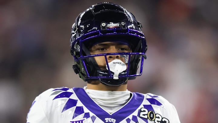 Jan 9, 2023; Inglewood, CA, USA; TCU Horned Frogs safety Namdi Obiazor (4) against the Georgia Bulldogs during the CFP national championship game at SoFi Stadium. Mandatory Credit: Mark J. Rebilas-Imagn Images