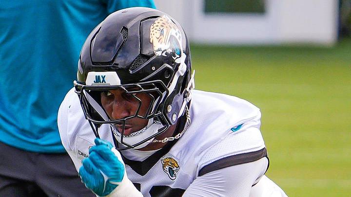 Jaguars linebacker Yashir Abdullah (56) blasts from a four point stance during the Jaguars’ fourth OTA of the year, Monday June 1, 2026 at the Miller Electric Center in Jacksonville, Fla. [Doug Engle/Florida Times-Union]