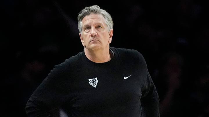 May 10, 2026; Minneapolis, Minnesota, USA; Minnesota Timberwolves head coach Chris Finch watches as his team plays the San Antonio Spurs in the fourth quarter of game four of the second round of the 2026 NBA Playoffs at Target Center. Mandatory Credit: Bruce Kluckhohn-Imagn Images