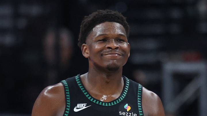 Nov 10, 2025; Salt Lake City, Utah, USA; Minnesota Timberwolves guard Anthony Edwards (5) reacts to a play against the Utah Jazz during the second half at Delta Center. Mandatory Credit: Rob Gray-Imagn Images