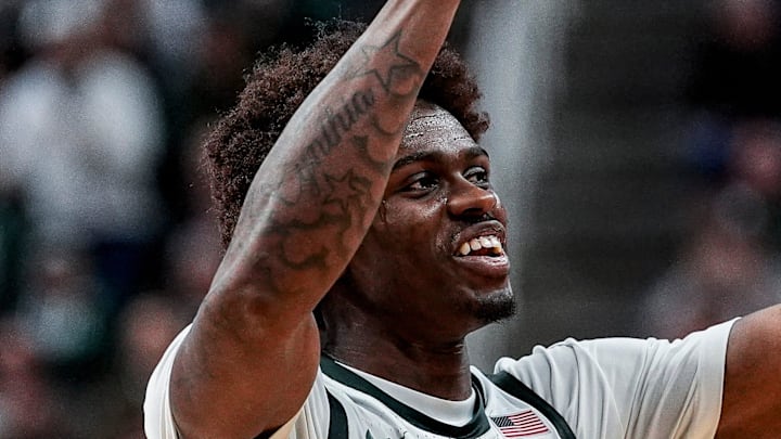Michigan State forward Coen Carr (55) celebrates a play against Indiana during the second half at Breslin Center in East Lansing on Tuesday, Jan. 13, 2026.