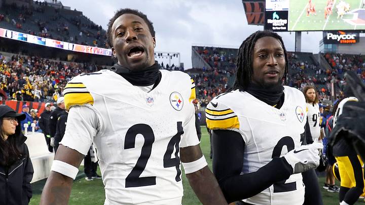 Nov 26, 2023; Cincinnati, Ohio, USA; Pittsburgh Steelers cornerback Joey Porter Jr. (24) and cornerback Darius Rush (21) celebrate after the game against the Cincinnati Bengals at Paycor Stadium. Mandatory Credit: Joseph Maiorana-USA TODAY Sports Nov 26, 2023; Cincinnati, Ohio, USA; Pittsburgh Steelers cornerback Joey Porter Jr. (24) and cornerback Darius Rush (21) celebrate after the game against the Cincinnati Bengals at Paycor Stadium. Mandatory Credit: Joseph Maiorana-USA TODAY Sports
