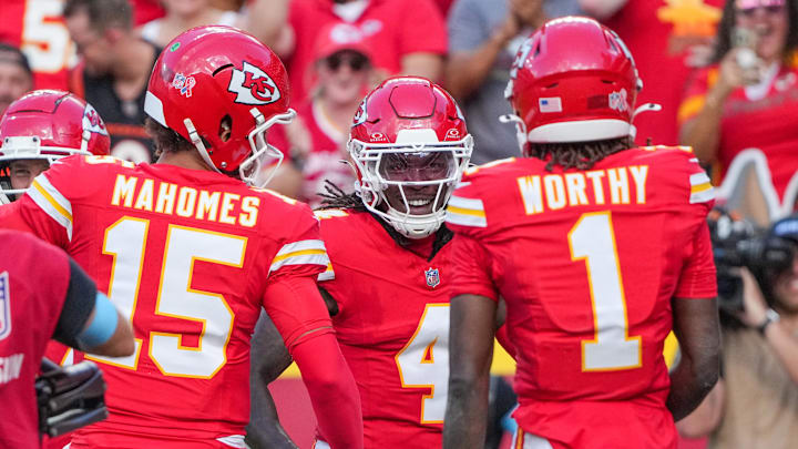 Sep 15, 2024; Kansas City, Missouri, USA; Kansas City Chiefs wide receiver Rashee Rice (4) celebrates after scoring against the Cincinnati Bengals during the game at GEHA Field at Arrowhead Stadium. Mandatory Credit: Denny Medley-Imagn Images Sep 15, 2024; Kansas City, Missouri, USA; Kansas City Chiefs wide receiver Rashee Rice (4) celebrates after scoring against the Cincinnati Bengals during the game at GEHA Field at Arrowhead Stadium. Mandatory Credit: Denny Medley-Imagn Images