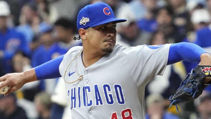 Oct 11, 2025; Milwaukee, Wisconsin, USA; Chicago Cubs pitcher Daniel Palencia (48) pitches against the Milwaukee Brewers in the fifth inning during game five of the NLDS round for the 2025 MLB playoffs at American Family Field. Mandatory Credit: Michael McLoone-Imagn Images